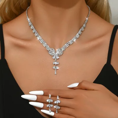 Light Luxury Leaf-Design Bridal Jewelry Set with Zircon Earrings and Necklace for Wedding and Anniversary Brass Material