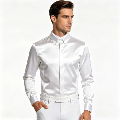 Men's White Satin Equestrian Riding Show Shirt Stiff Collar Hidden Placket Mesh Panel Long Sleeve Lightweight Breathable