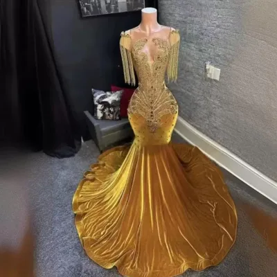 Hot Sale Luxy Glod Rhinestone Sequin Embroidered Ball Gown Bodycon Prom Dress Elegant Evening Dress for Women