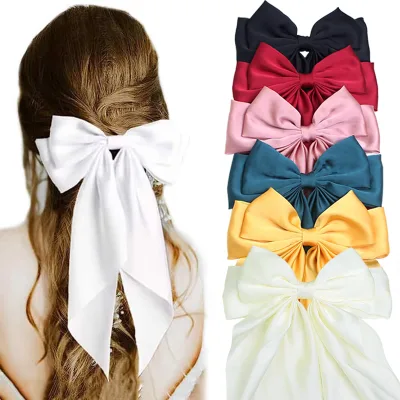Rapid Sample Silk Fabric Ribbon Butterfly Hair Clips Over Sized Long Tail Large Ribbon Bow Hairpins Hair Barrettes for Women