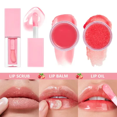 Hot Seller Pink Moisture Lip Balm and Scrub Trio Treatment Oil Lip Care Kit Cruelty Free Vegan Private Label Lip Care Set