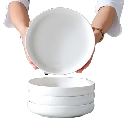 White Deep Round Ceramic Plates Household Soup Dinner Tableware