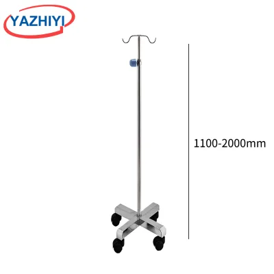 YAZHIYI Wheeled Stainless Steel IV Infusion Stand Height Adjustable 2 Hooks Cross Wheel Base Mobile Drip Stand For Hospital