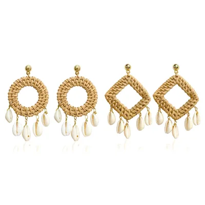 Wholesale Summerrust Woven Hoop Straw Cowrie Rattan and Shell Earrings