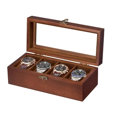 4 Slot Polished Wooden Watch Display Case with Glass Lid Eco-Friendly Watch Organizer Box for Tabletop Display Birthday Gifts