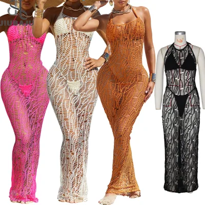 2024 Summer New Style Hollow Out Long Dress + Bra + Underwear Fashion Sexy 3 Piece Beach Cover Sets