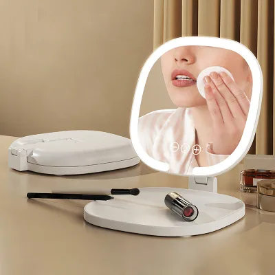 Portable LED Makeup Vanity Mirror Foldable with Touch Switch for Home Dorm or Office Beauty Routine Plastic & Glass Finish
