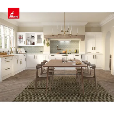 Elegant Classic Pearl White Shaker Style L Shape Lacquer Finished Kitchen Cabinet