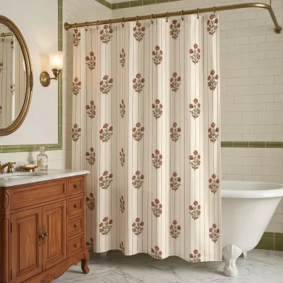 100% Polyester Vintage Vertical Stripe Red Floral Printed Shower Curtain Waterproof Farmhouse Bathroom Partition Curtain