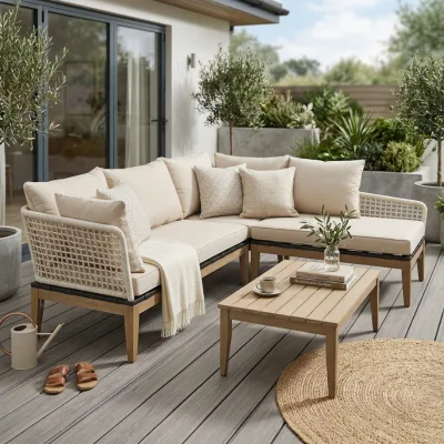 Modular Patio Conversation Set Woven Rope Accent Sofa with Ottoman and Side Table for Garden
