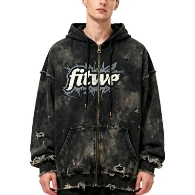 Your Own Design Men Custom Printed Distressed Hoodie High Quality Zipper up 100% Cotton