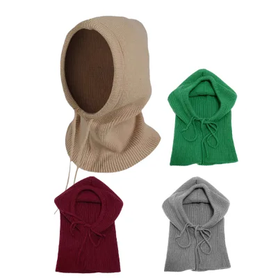 Fashion Hooded Scarf Hat Knit Balaclava for Women Men Winter Warmer Drawstring Neck Beanie Skull Cap