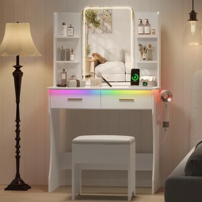 Small Vanity Desk with Mirror and Lights, Makeup Vanity with LED Lights, White Vanity Mirror with Lighted Desk and Chair