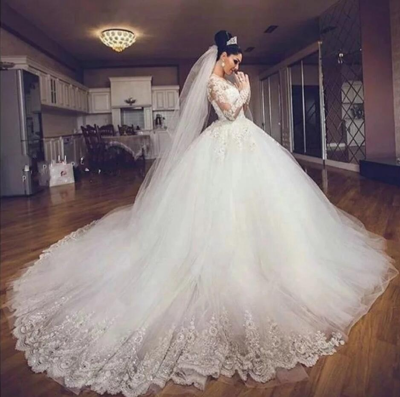 Latest Long Sleeve Women Beaded Bridal Ball Gown Wedding Dress