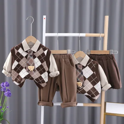 Fashionable Boys' Three-Piece Clothing Set-Spring and Autumn Featuring Bear Sweater Tie Pendant Skirt Pants for Kids