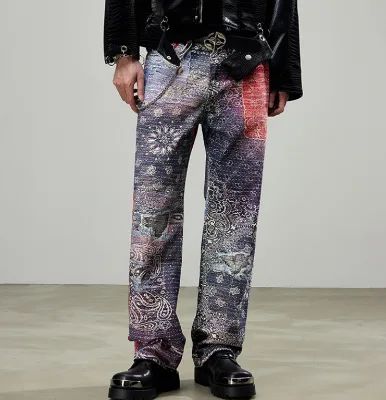 High Street Men's Loose Straight Denim Pants with Trendy Draping Effect Cashew Flower Style Hip-Hop Cool Stylish