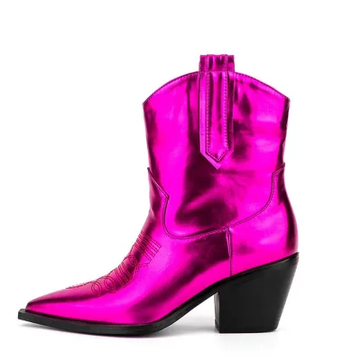 Big Size 45 Western Style Shoes Women Cowboy Short Boots Square Wedge Heels Pointy Toe Shoes Bright Hot Pink Ankle Booty
