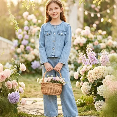 Girls Korean Style Round-neck Denim Two-piece Set Spring/autumn Light-blue Washed Long-sleeve Short Top Wide-leg Long Pants