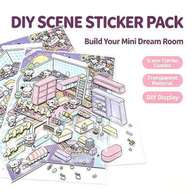 Kawaii Transparent PET Mini Room Scene Stickers DIY 3D Miniature Diorama House Sticker Pack for Scrapbook Journal Kids Craft