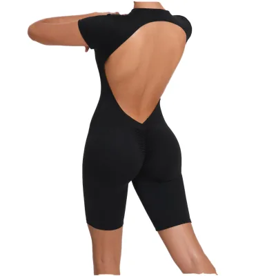 80150 Casual Sexy Slim Skinny Backless Sport Romper Bodysuit Short-Sleeved and Solid Color for Autumn