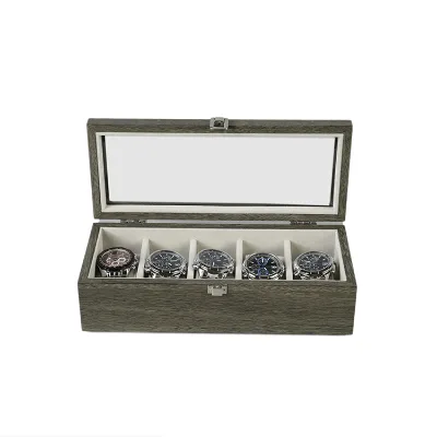 Eco Retro Wooden Watch Storage Box, 5 Slot Glass Window Flip Case Custom Logo Handmade Watch Gift Organizer