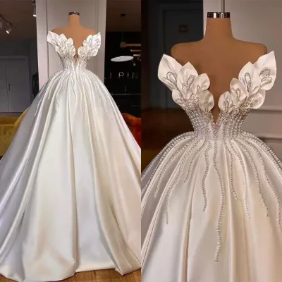 Customized Sweetheart Shinny Pearls Handmade Flower Wedding Dresses for Bride Plus Size  Ballgown Puffy Bridal Gown