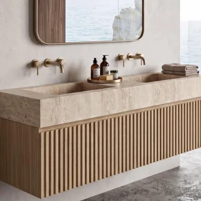 Luxury Travertine Natural Stone Bathroom Vanity Double Sink Wall Mounted With Wood Cabinet
