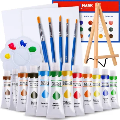 Acrylic Paint Set Kit with 8 X 10 In. Linen Canvases Pine Wood Brushes Palette More-for Artists