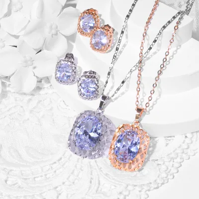 Waterproof Women Necklace Earrings Ring Sets Blue 5A Zirconia Wedding Bride Party Jewelry Sets