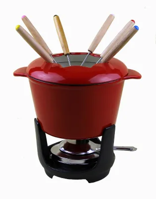 12 PCS Cheap Chinese Cast Iron Fondue Set with Red Fondue Pot with 6 Fondue Forks