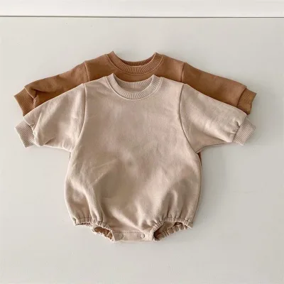 Ins Casual Toddler Clothing 0-2 Years Natural Color Baby Boys and Girls Jumper Clothing Oversize Solid Baby Sweatshirt Rompers