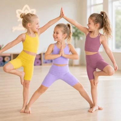 Custom ODM Kids Gymnastics Training Activewear Criss Cross Back Sports Top Pocket Bike Shorts Girls Dance Yoga Set