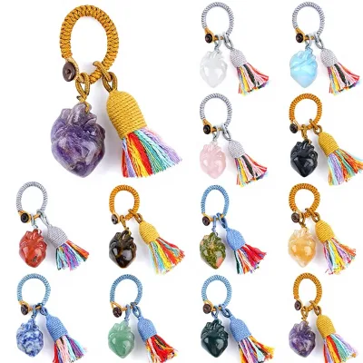 Wholesales Natural Rose Quartz Cardiac Pendant Red jasper Heart Braided-cord Bag Charm Car Accessory Keychain for DIY Gift