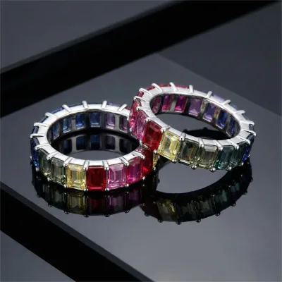 HWASAN S925 Sterling Silver Ring for Women Gradient Color Rectangular Multi Colored Gemstone Treasure Ring Customization