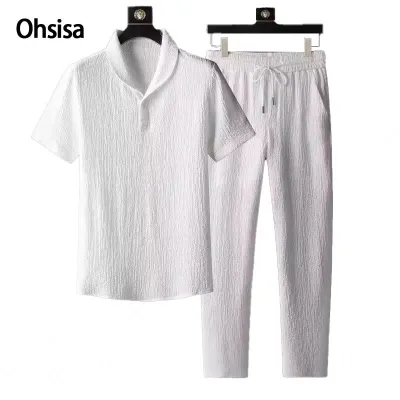 Summer Men 2 Piece Suits Short Sleeve Tops + Long Pants Solid Color Polo Lapel Collar Button Elastic Waist Trousers Tracksuit