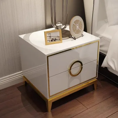 Luxury Wooden High Gloss Stainless Steel Leg Nightstand 2 Drawer Bedside Table