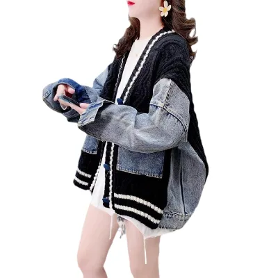 Loose Lazy Style Polyester Plain Dyed Patchwork Cardigan for Women 2024 Winter New Retro Versatile Outerwear Top Trend