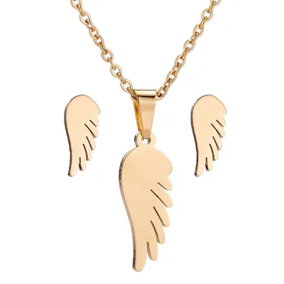 Fashion Gold Plated Wing Feather Pendant Charms Metal Necklace Earrings Set