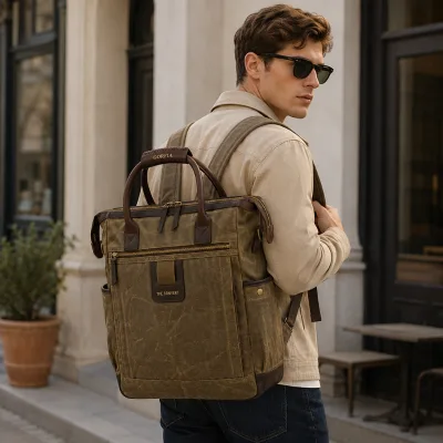GORFIA Men Vintage Canvas Backpack Convertible Tote Laptop Bag Large Capacity Business Travel Work Backpack with Multi Pockets