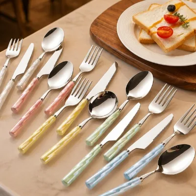 Marble Pearl Europe Style 304 Stainless Steel Cutlery Set 5 Color Group Fork Knife Spoon Chopsticks Wavy Handle Pastel Tableware