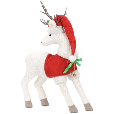 White Knitted 20in Deer Figure with Red Sweater Festive Cap and Bell Details for Christmas Tree Side Decor and Boutique Display