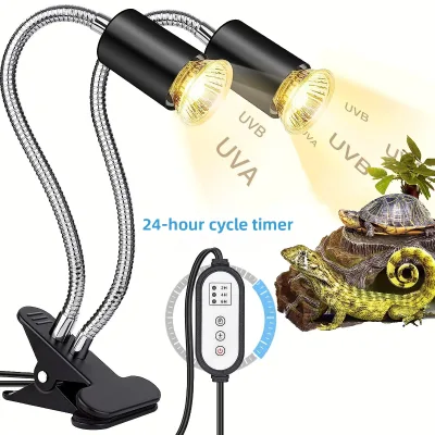Dual-Head Reptile Basking Lamp, UVA UVB Timed Heat LED Light for Turtle Lizard Calcium & Heating