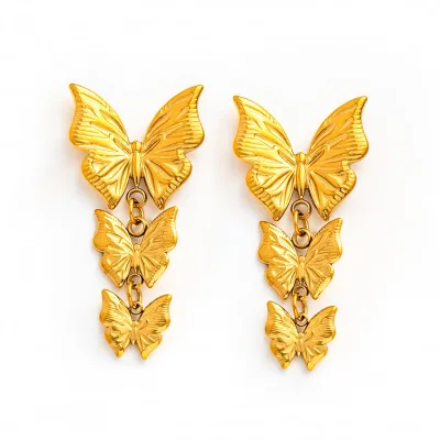 Joolim 18K Gold Plated Wholesale Waterproof Fashion Cute Sweety Three Butterfly Dangle Hoop Earring Stainless Steel Jewelry