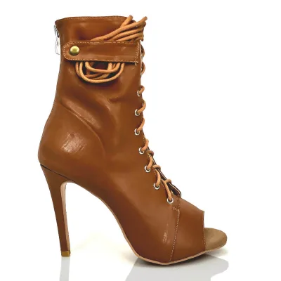 Women's Brown Genuine Leather Open Toe Lace Bootie Customized Heel Soft Memory Foam Double Thickness Ballroom Latin Jazz Dance