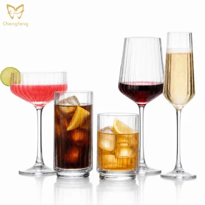 Elegant Fluted Glassware Set Vintage Vertical Ribbed Wine Goblet Highball Tumblers Rocks Glasses & Champagne Flute for Bar Party