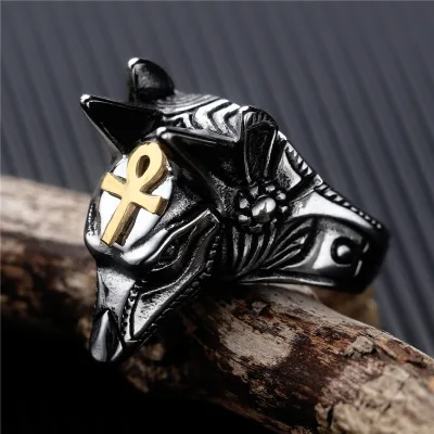 Men Women Stainless Steel Rings Retro Anubis Ancient Egyptian Coyote Head Gold Ankh Finger Ring Jewelry
