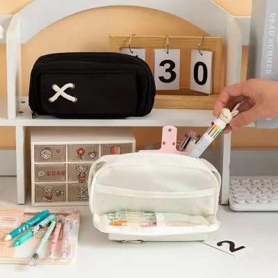 Hot Seller Durable Cotton Canvas Pencil case with Rope Cross Design Ideal for High - School Student Stationery Storage in Class