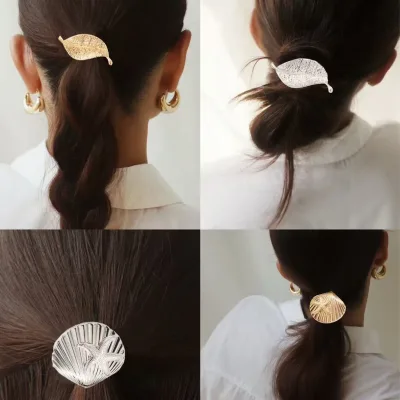 Women Vintage Metal Hair Ties Alloy Geometric Hair Ties Girls Shells Leaves Ponytails Holders Thick Hair