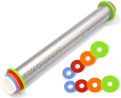 4 Adjustable  Discs with Non-stick Removing Ring  Stainless Steel Rolling Pin