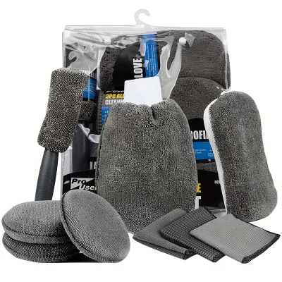 Yixiang 9-Piece Microfiber Car Cleaning Kit Includes Sponges Towels Applicator Pads Wheel Brushes-Automotive Detailing Tool Set